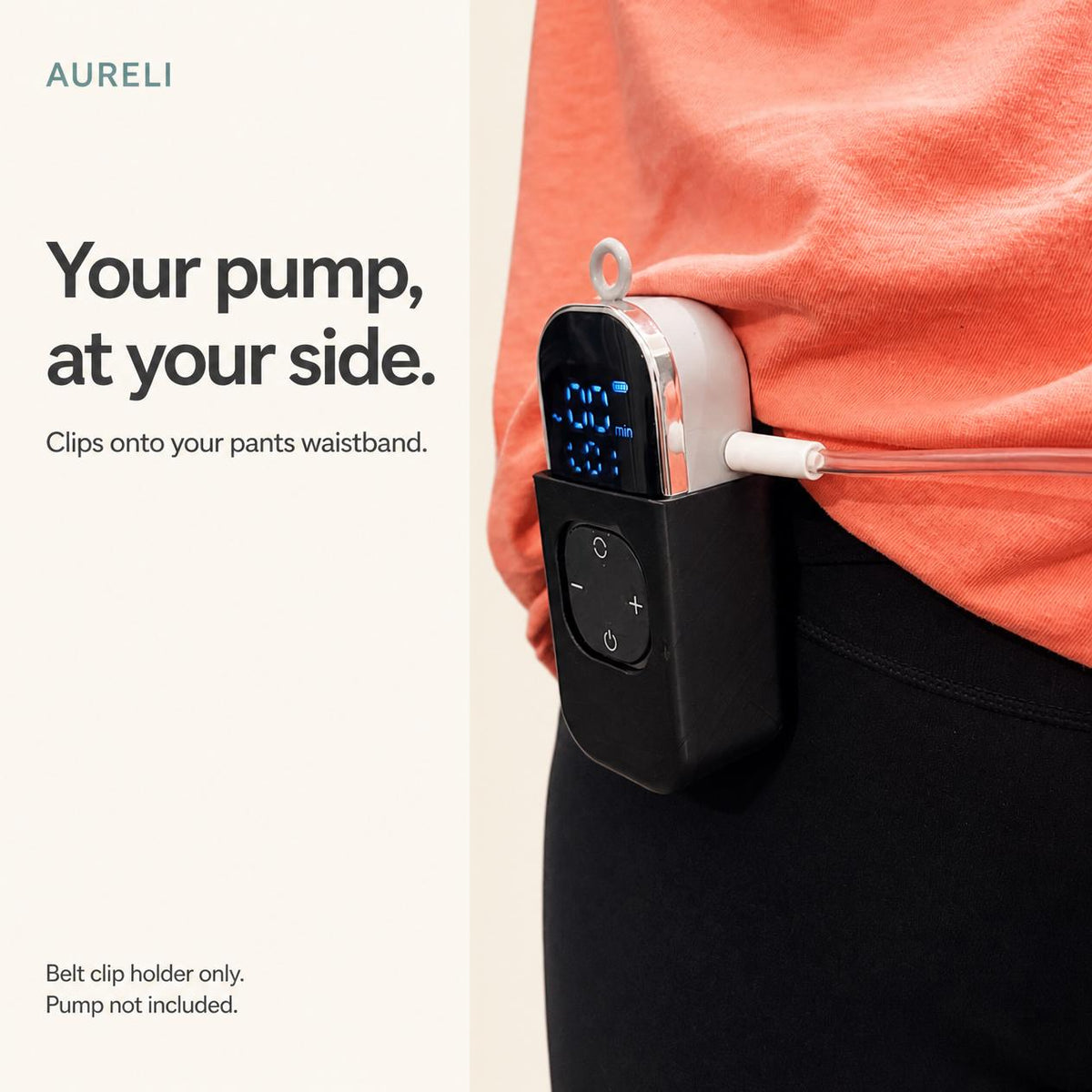 Black waistband holder worn on pants; pump not included