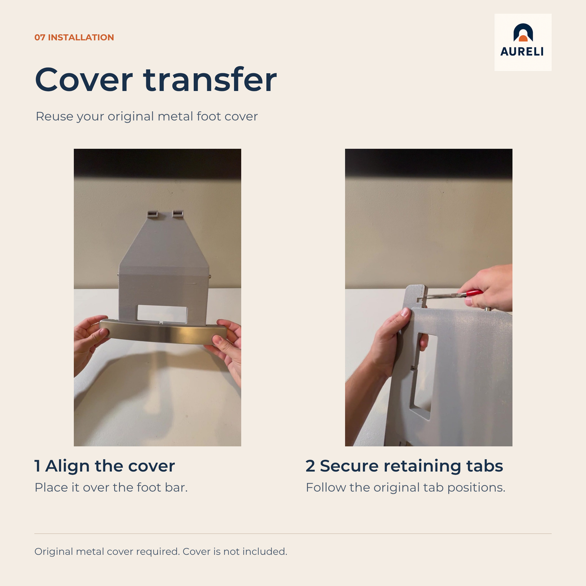 Transfer the original metal cover onto the Aureli replacement foot pedal