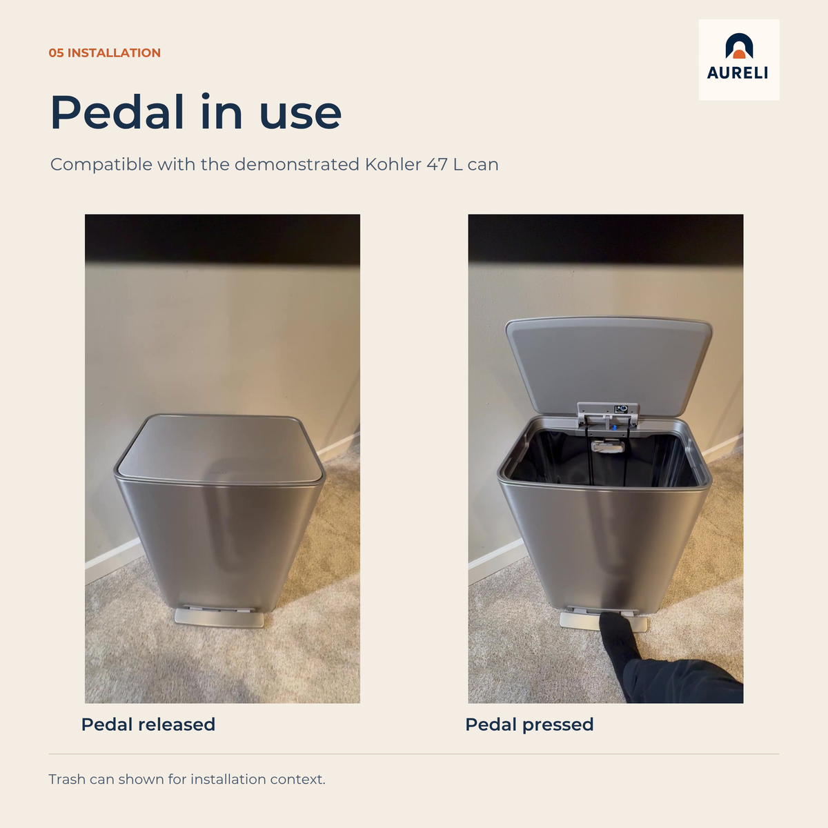 Aureli replacement foot pedal installed on the compatible Kohler 47 L step trash can